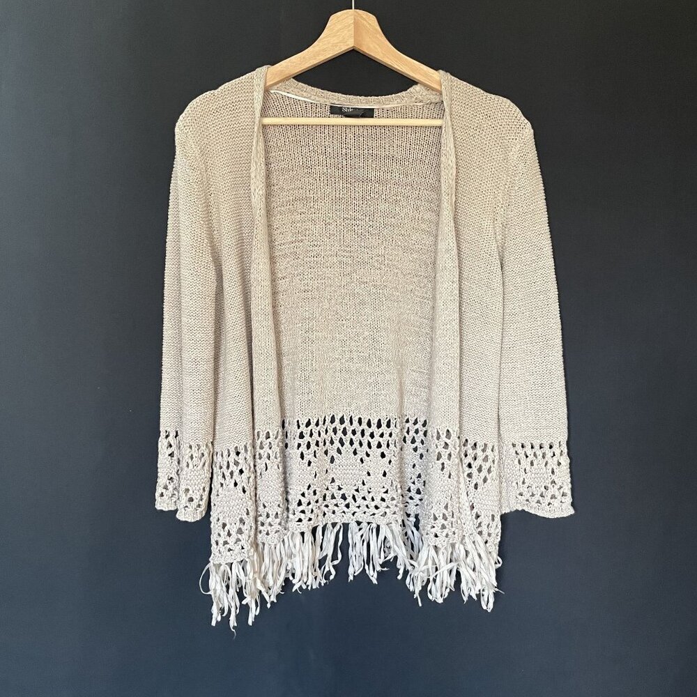 Style & Co Crochet Hem Open Front Cardigan XL Beige Women Fringe Detail